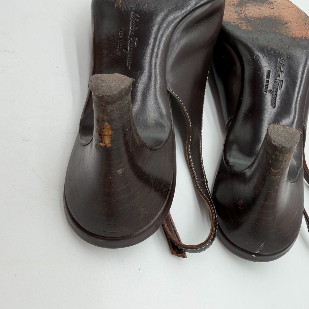 Salvatore Ferragamo Acribia Slingback Kitten Heels Chocolate Brown Gold 7.5 - Picture 3 of 8